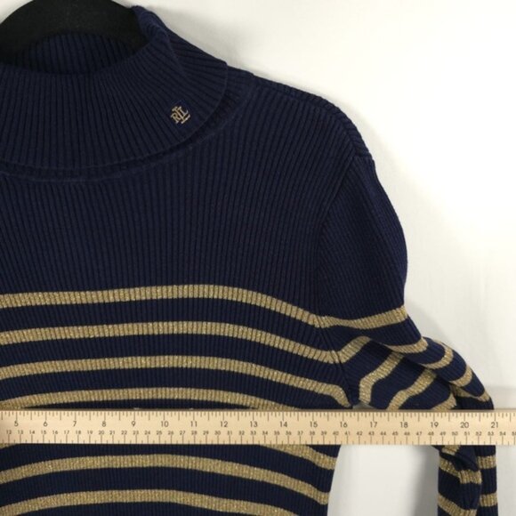 LAUREN RALPH LAUREN LOGO Navy Gold Metallic Stripe Cotton Blend Ribbed Sweater L - Picture 5 of 9